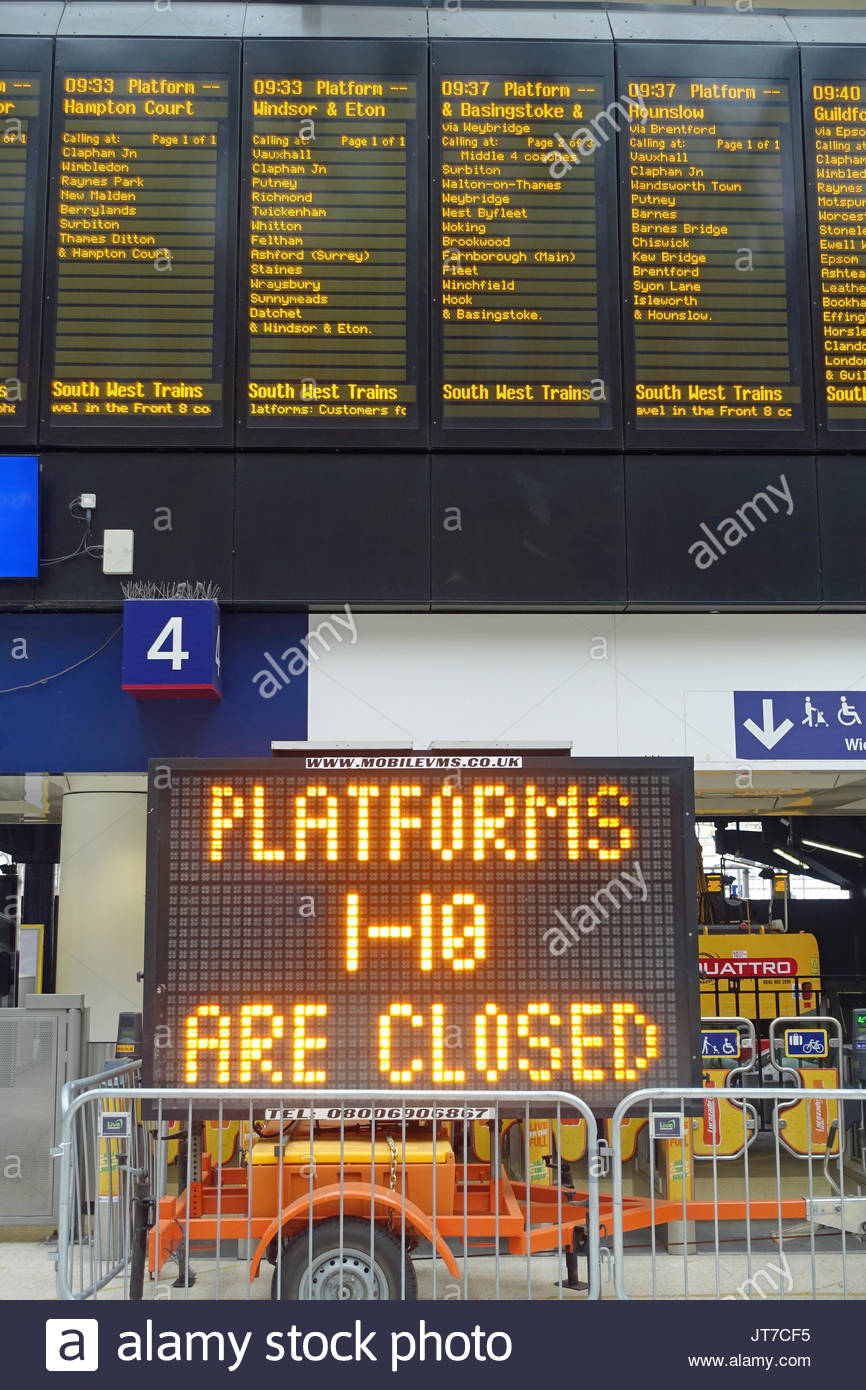 Signs At London Waterloo Station Warning Of Platform Closures