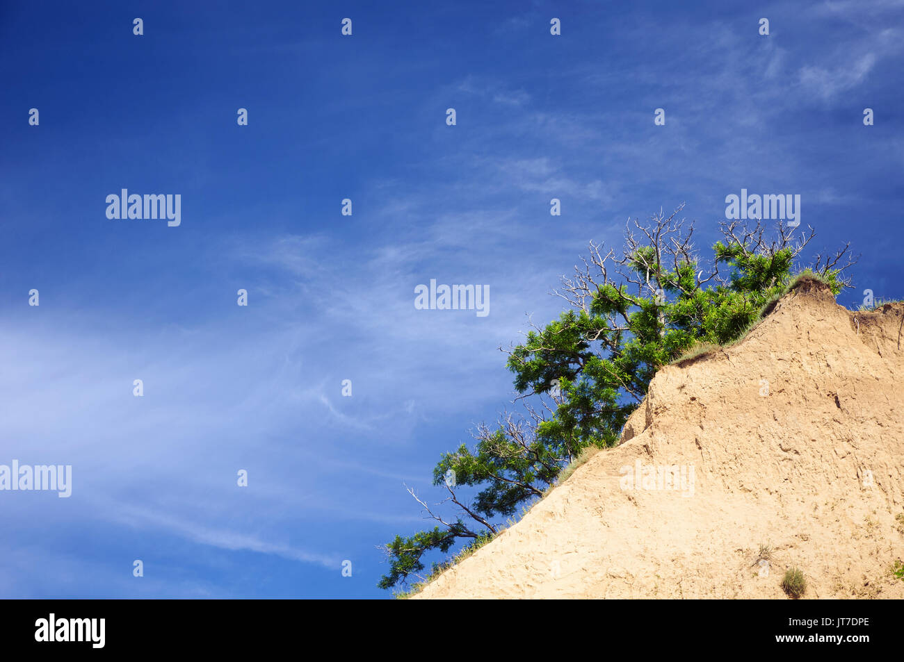 Clear blue sky over cliff peak with a tree Stock Photo