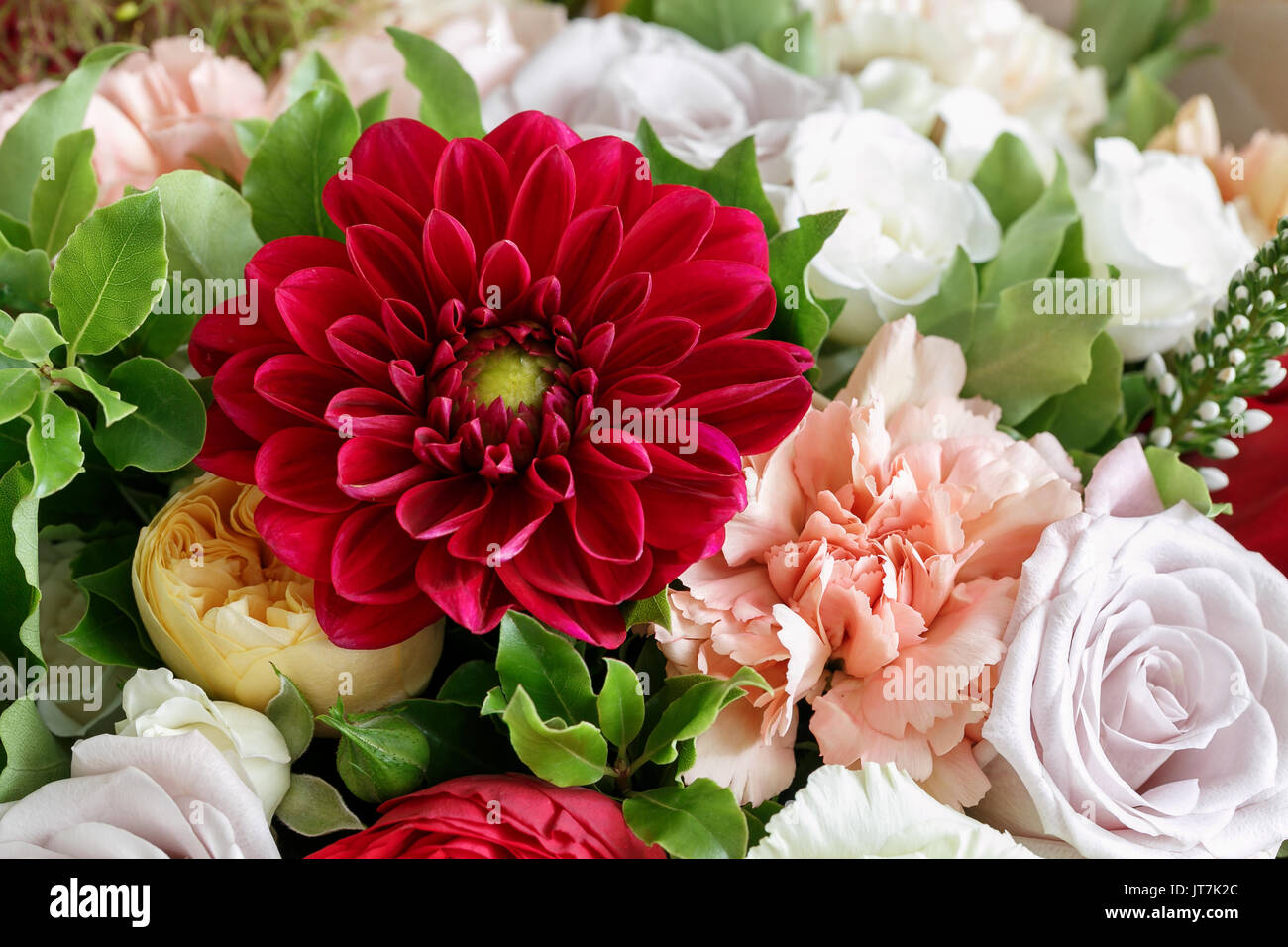 red dahlias. beautiful bouquet made of different flowers on grey