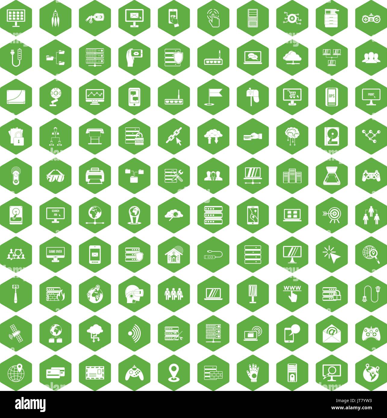 100 network icons hexagon green Stock Vector