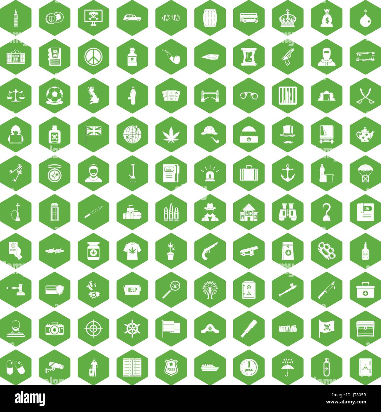 100 offence icons hexagon green Stock Vector
