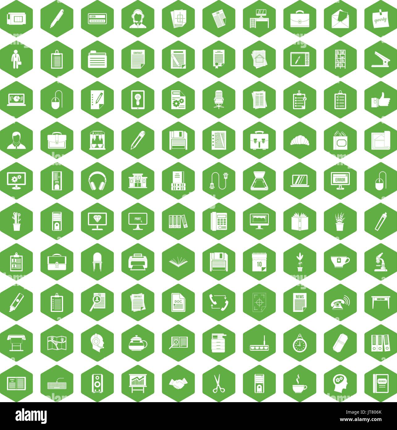 100 office icons hexagon green Stock Vector