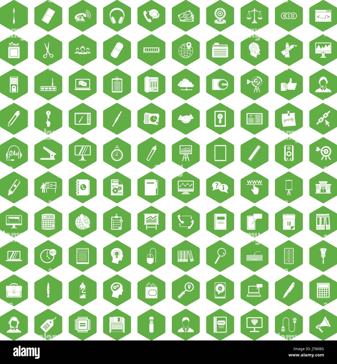 100 office work icons hexagon green Stock Vector