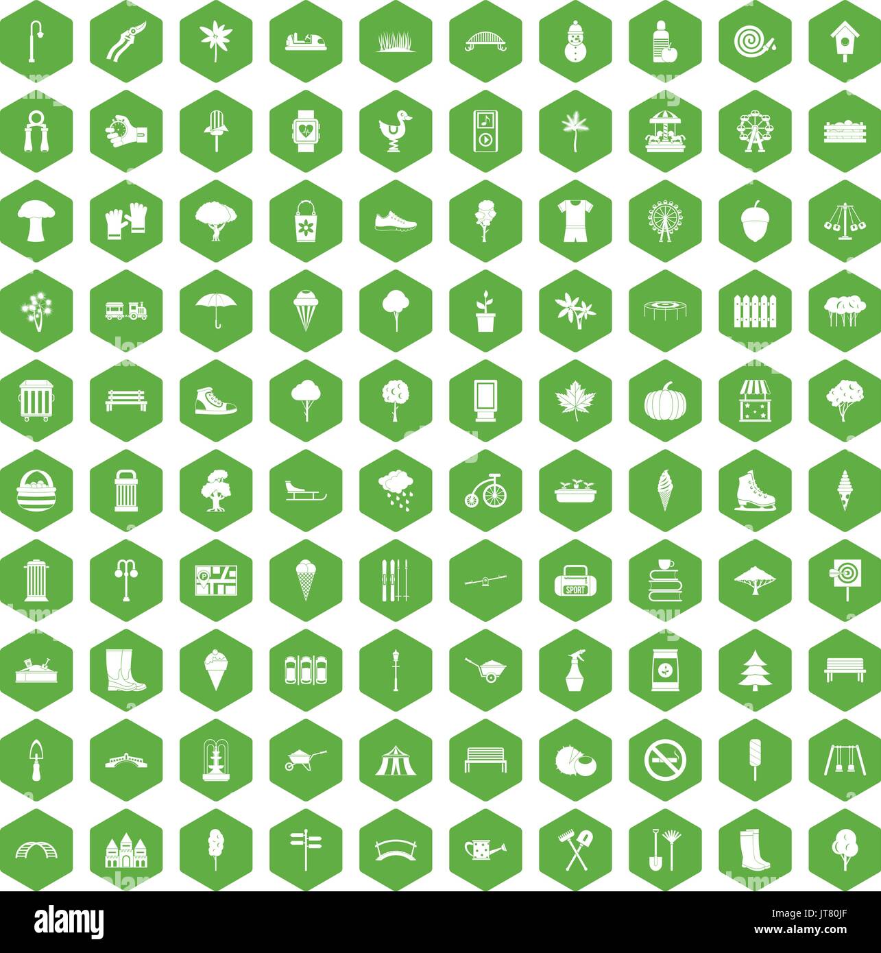 100 park icons hexagon green Stock Vector