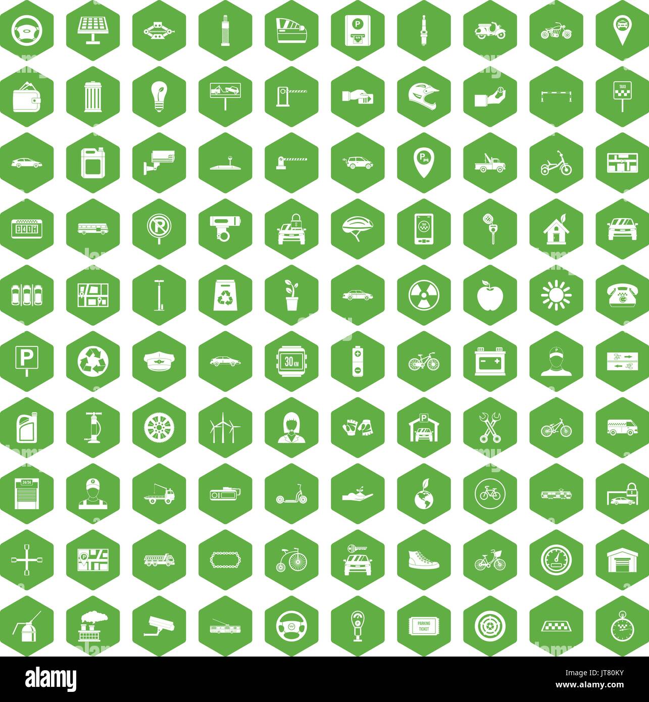 100 parking icons hexagon green Stock Vector