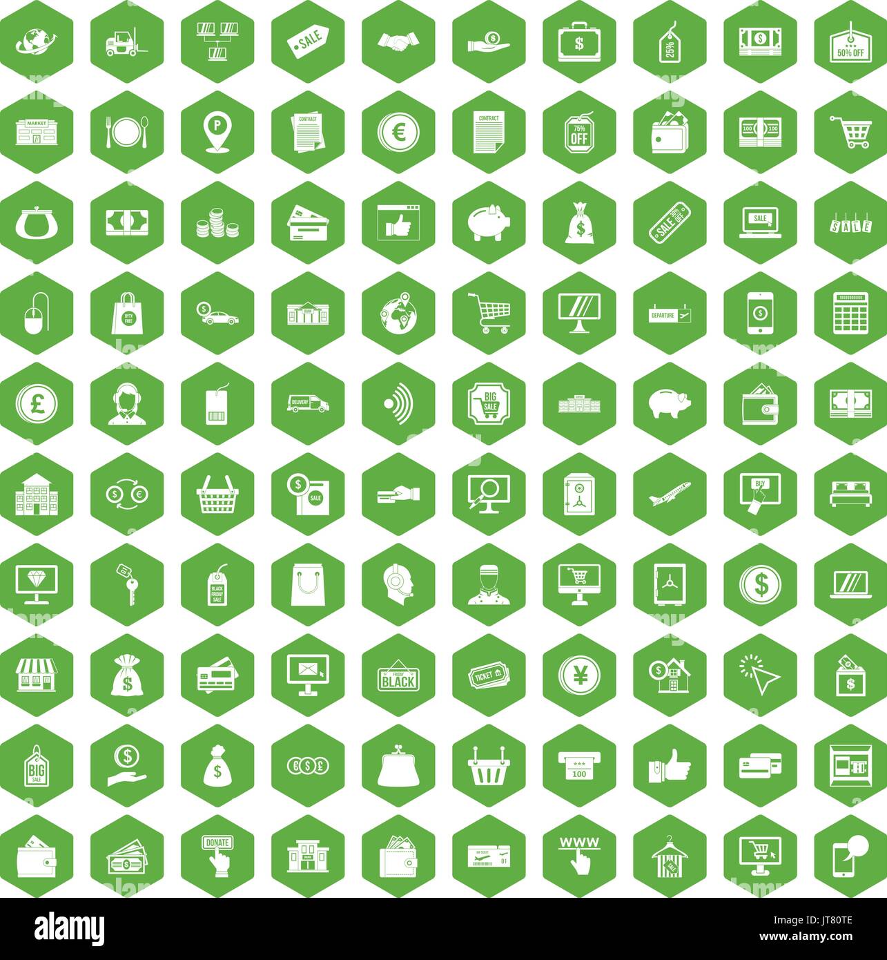 100 payment icons hexagon green Stock Vector