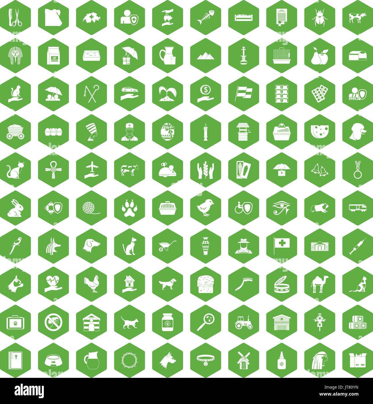 100 pets icons hexagon green Stock Vector