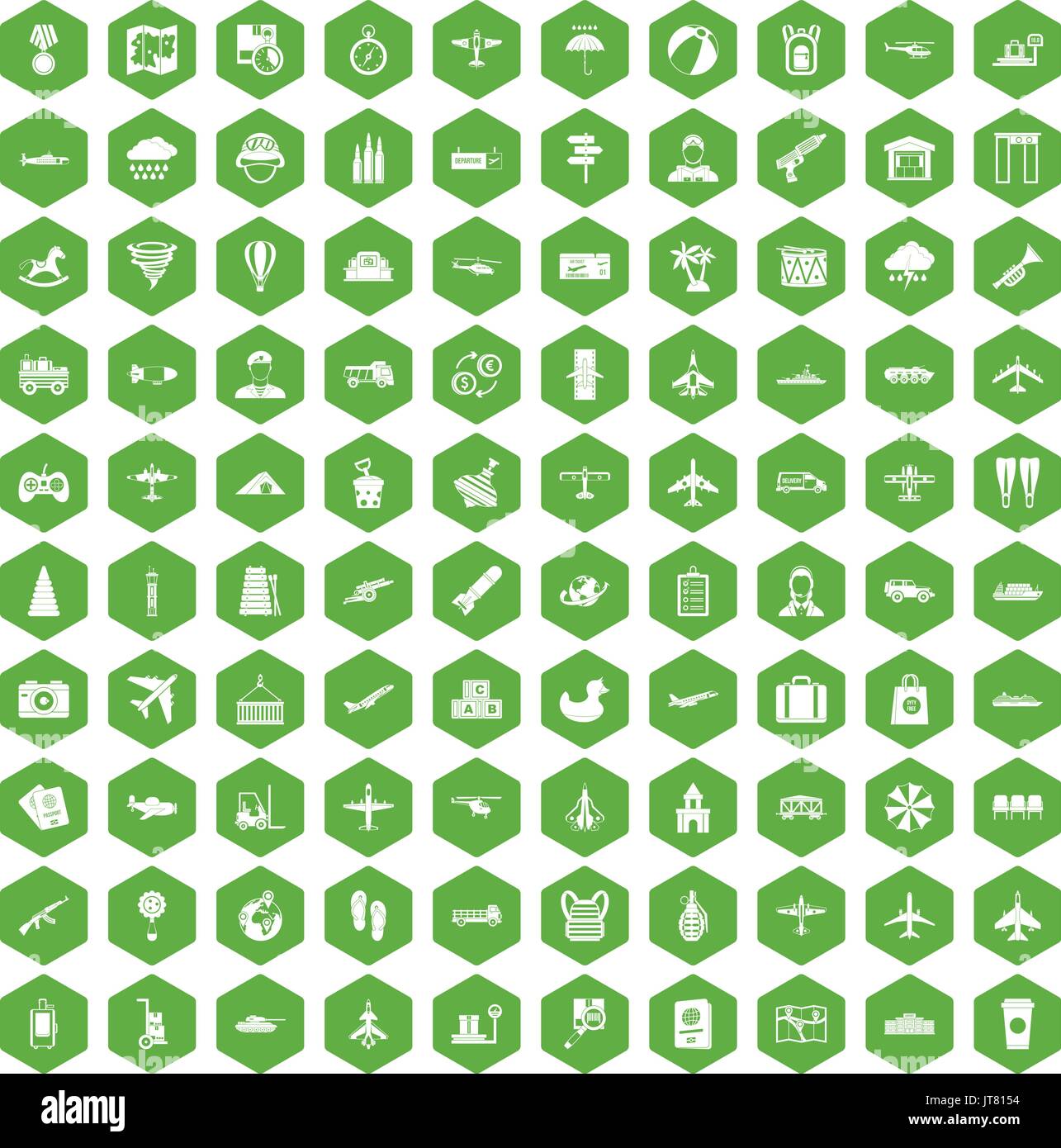 100 plane icons hexagon green Stock Vector