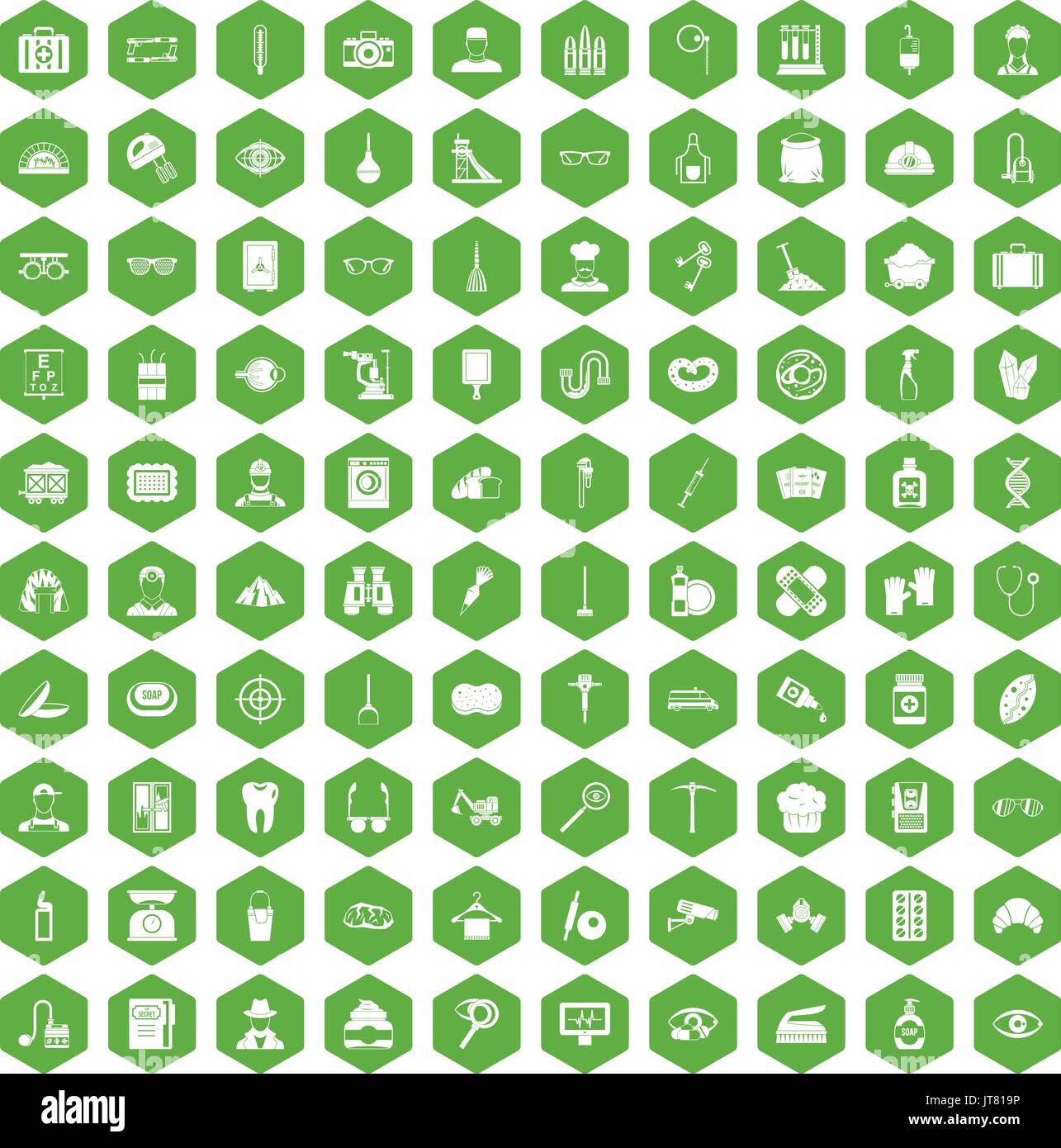 100 profession icons hexagon green Stock Vector