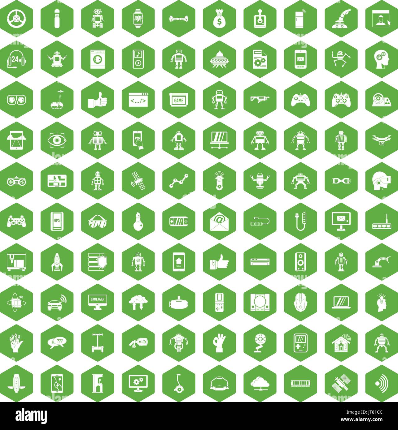 100 robot icons hexagon green Stock Vector