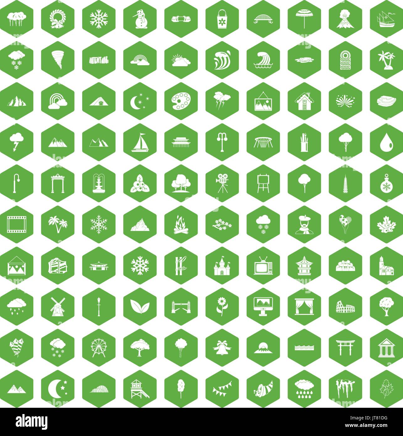 100 scenery icons hexagon green Stock Vector