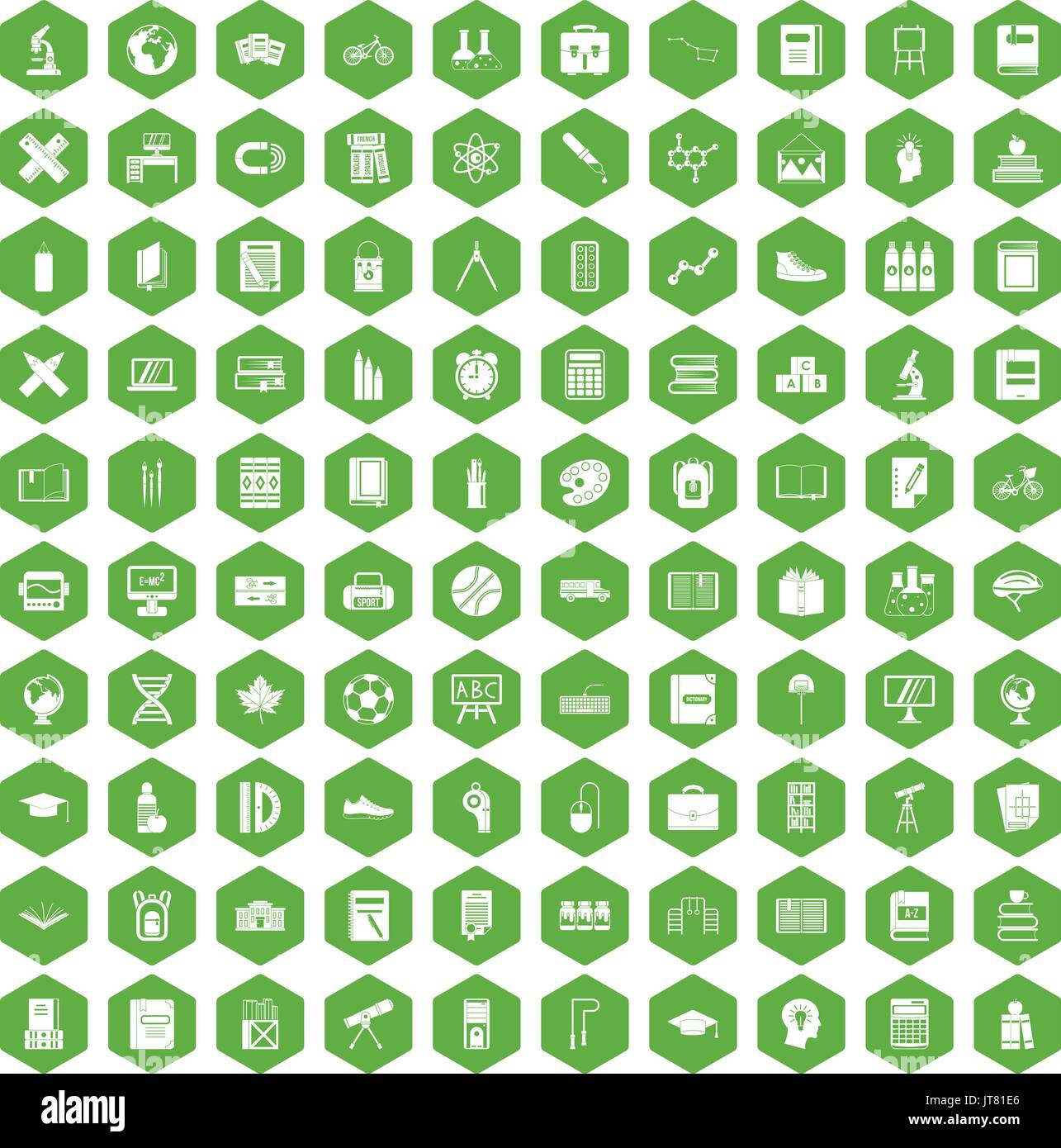100 school icons hexagon green Stock Vector