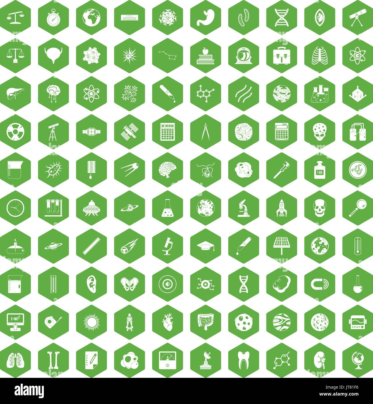 100 science icons hexagon green Stock Vector