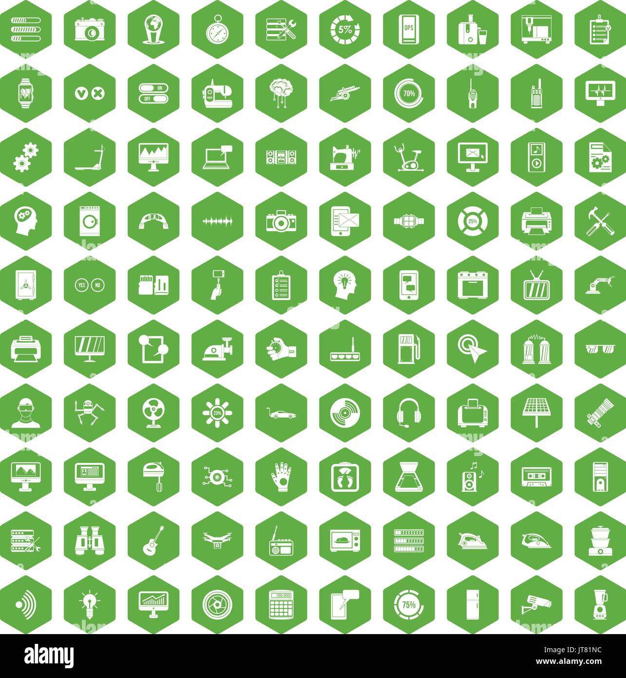 100 settings icons hexagon green Stock Vector