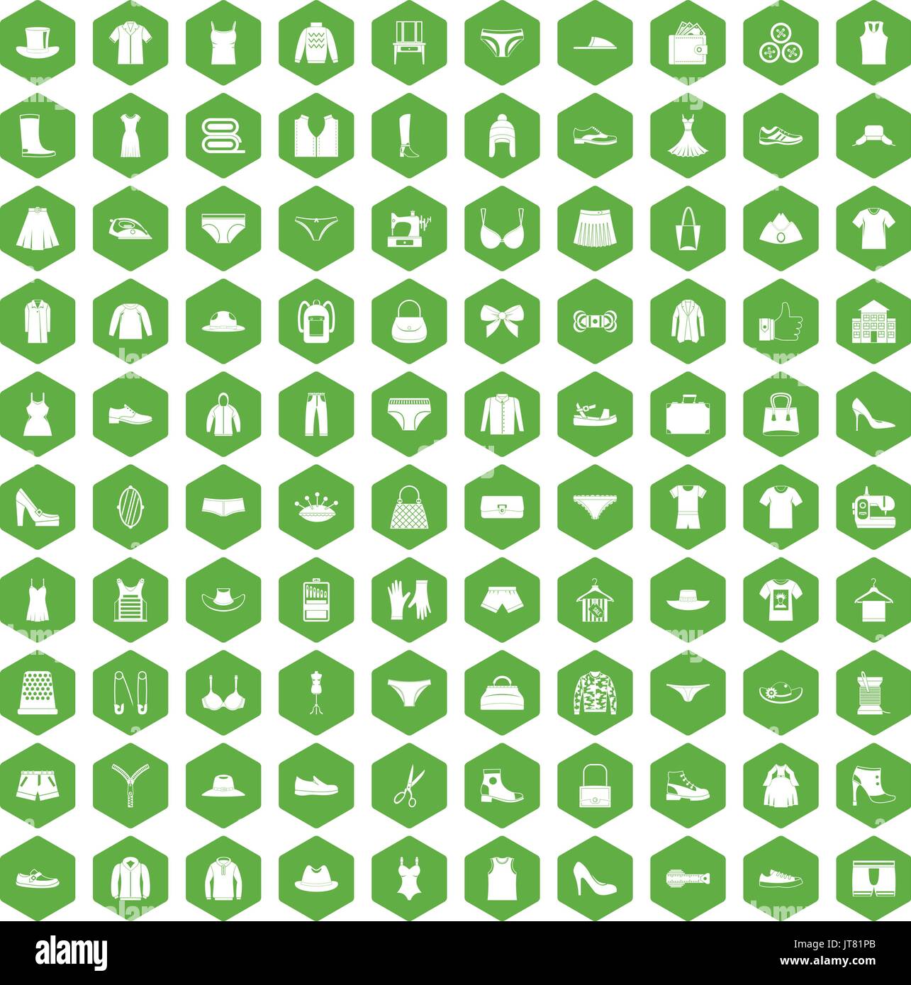 100 sewing icons hexagon green Stock Vector