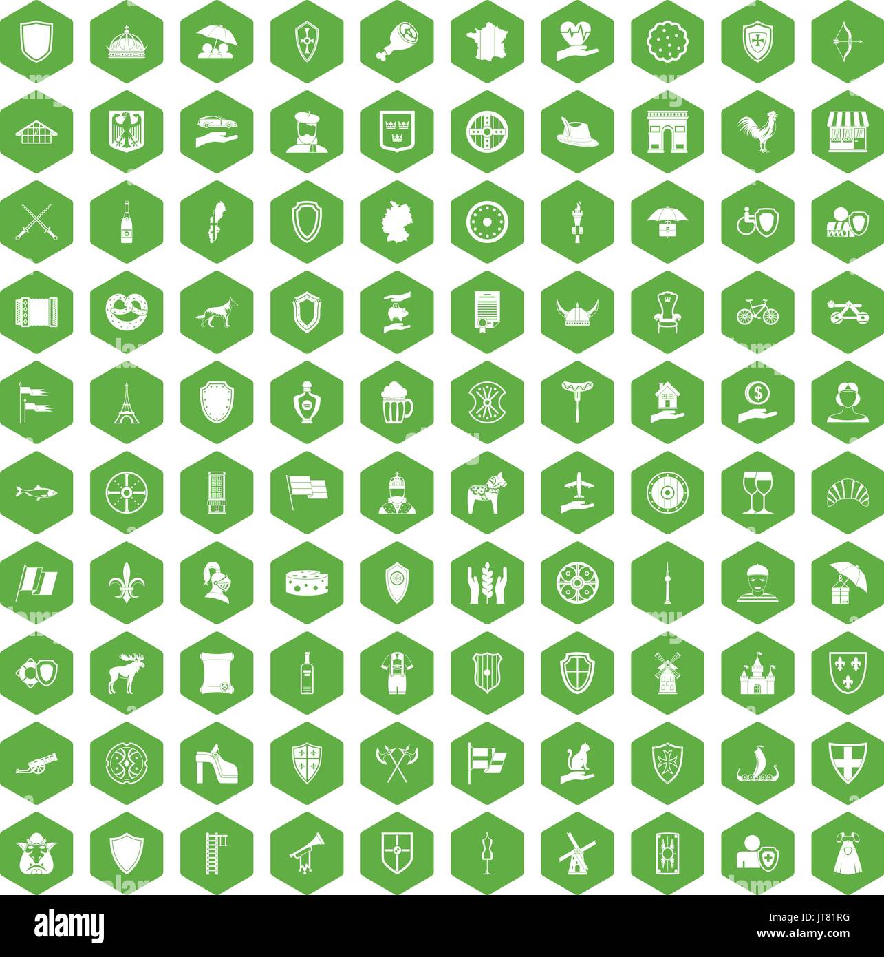 100 shield icons hexagon green Stock Vector