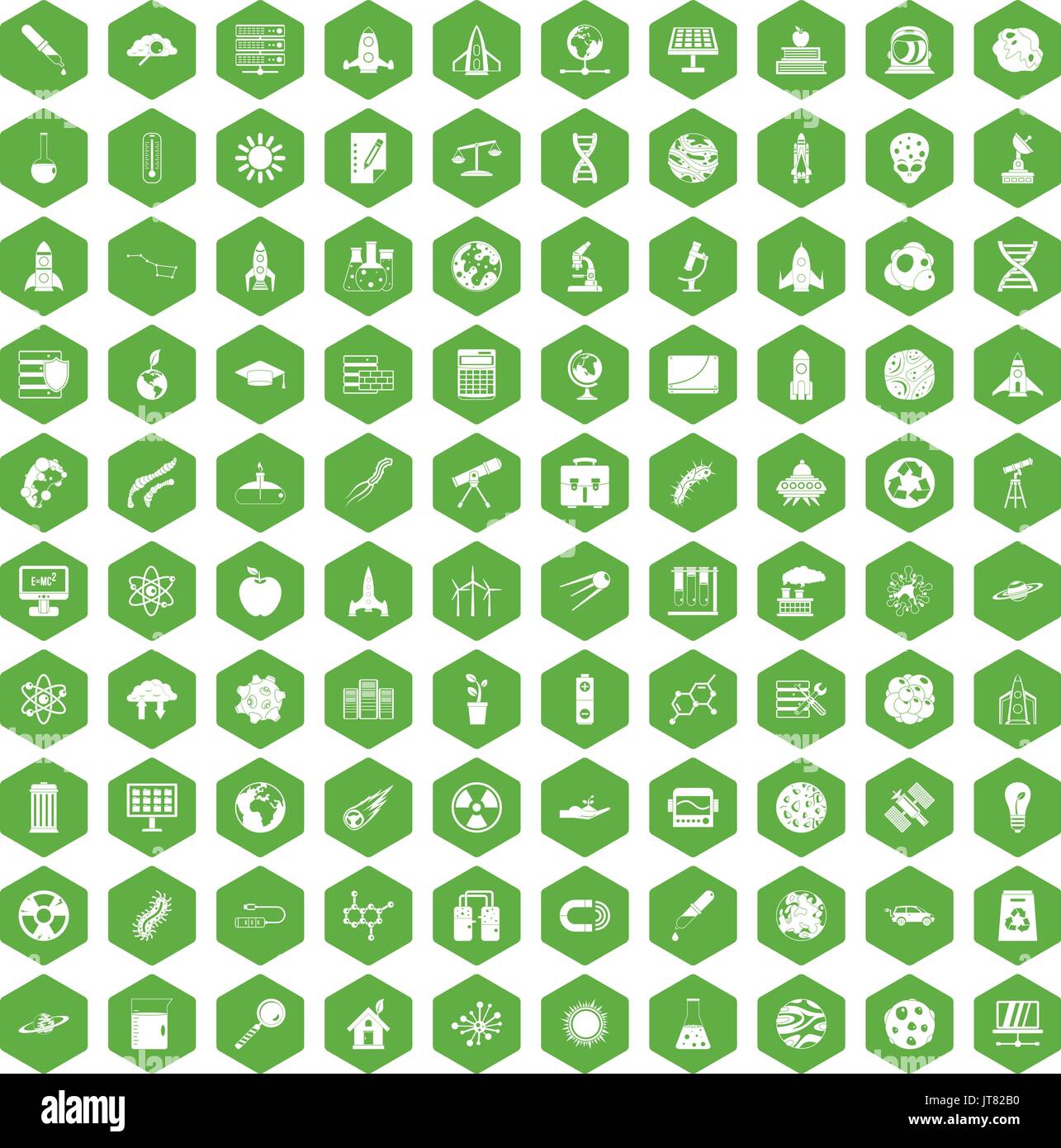 100 space icons hexagon green Stock Vector