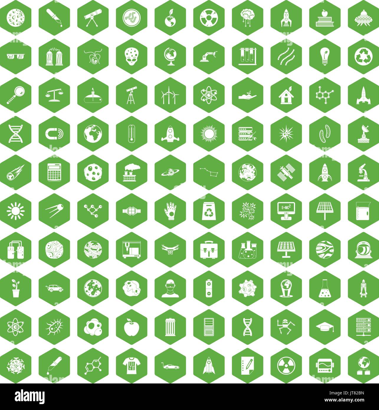 100 space technology icons hexagon green Stock Vector