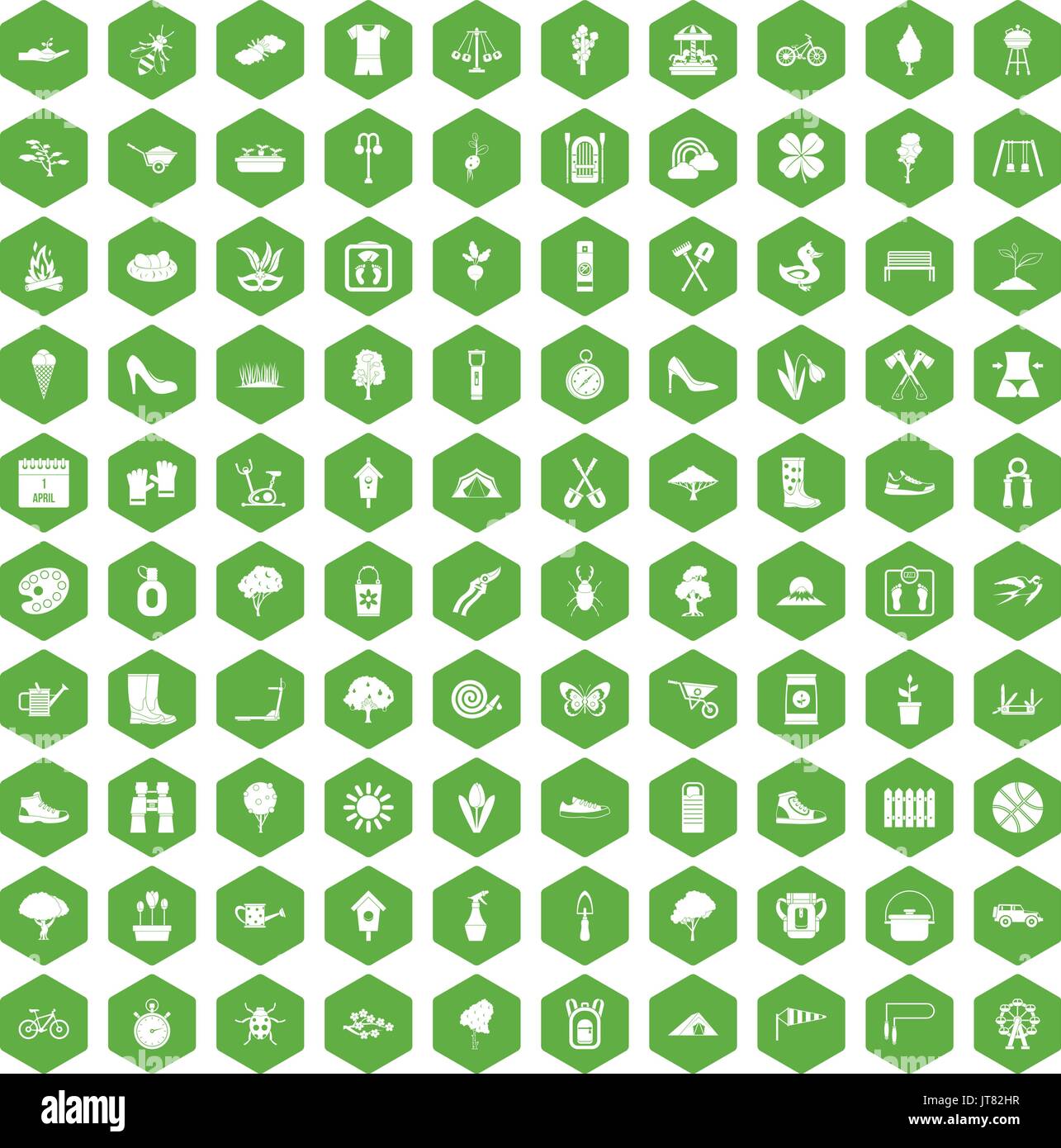 100 spring icons hexagon green Stock Vector