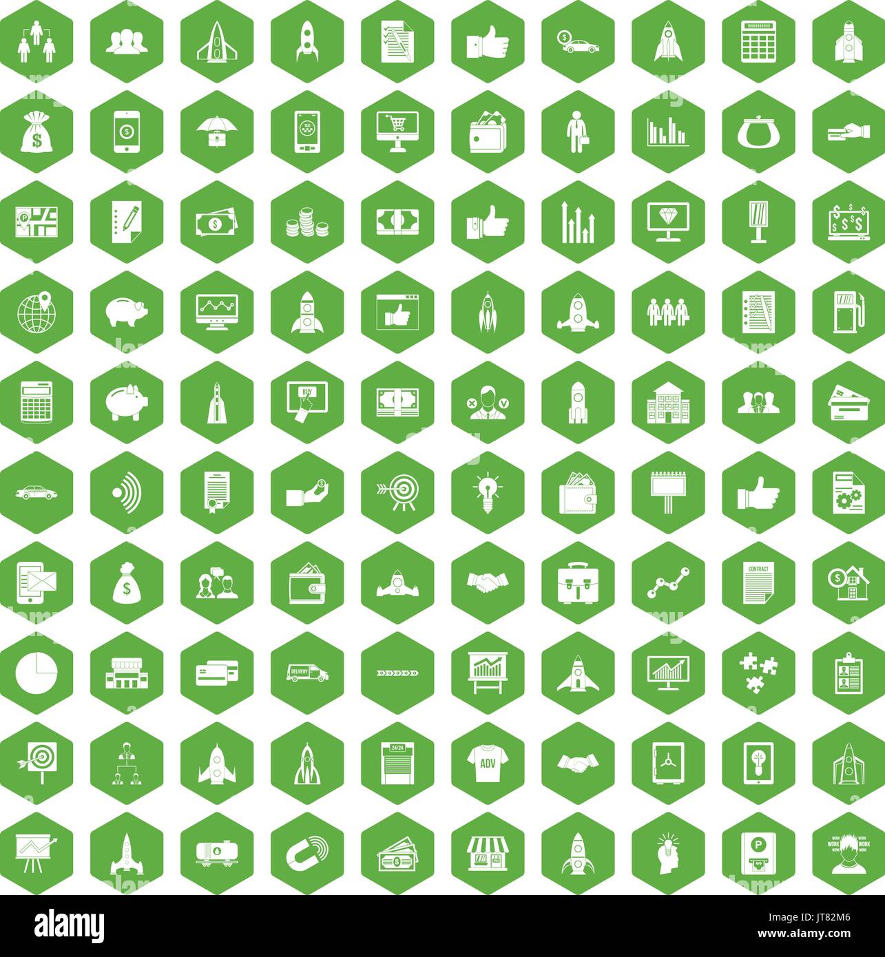 100 startup icons hexagon green Stock Vector