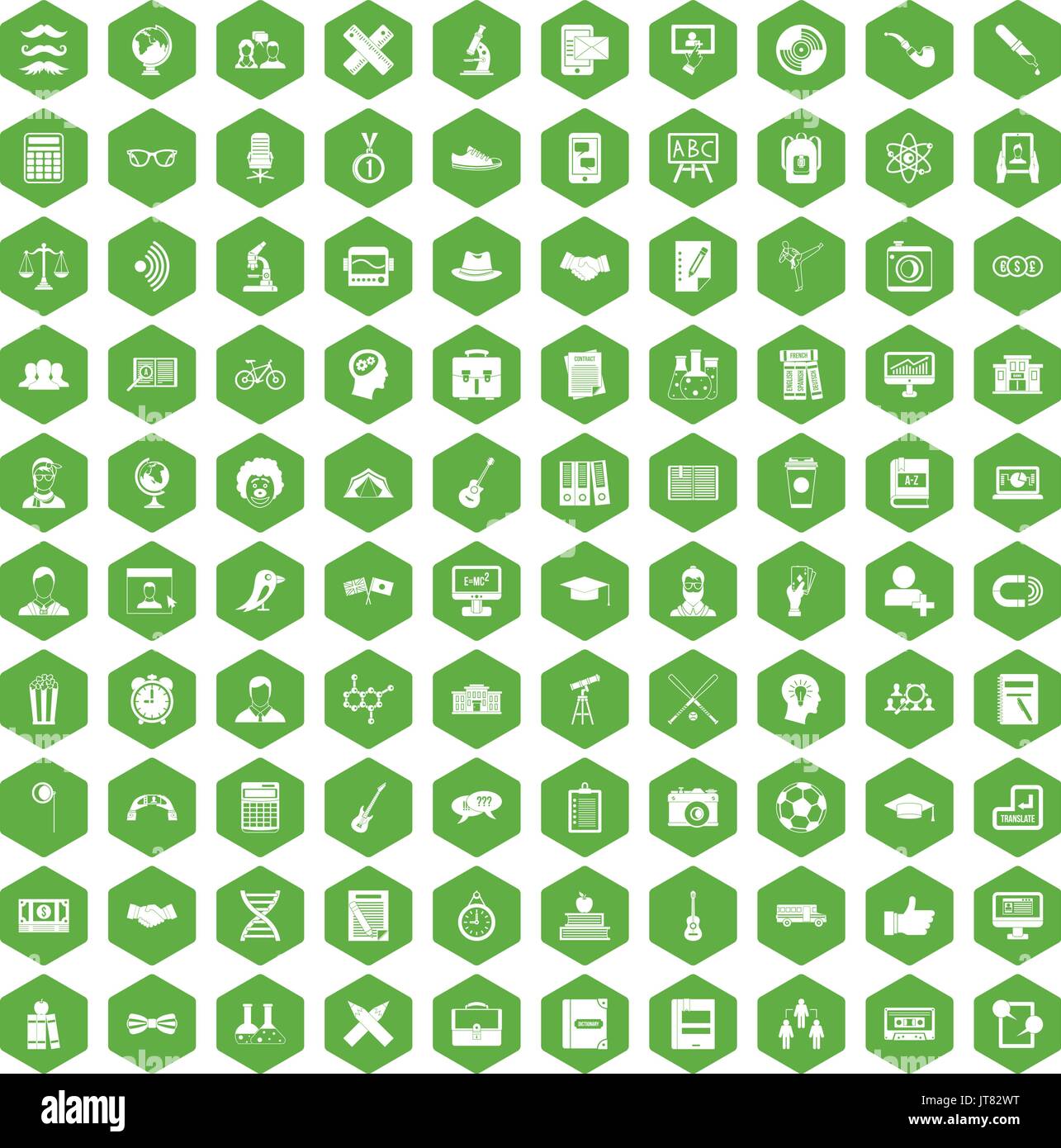 100 student icons hexagon green Stock Vector
