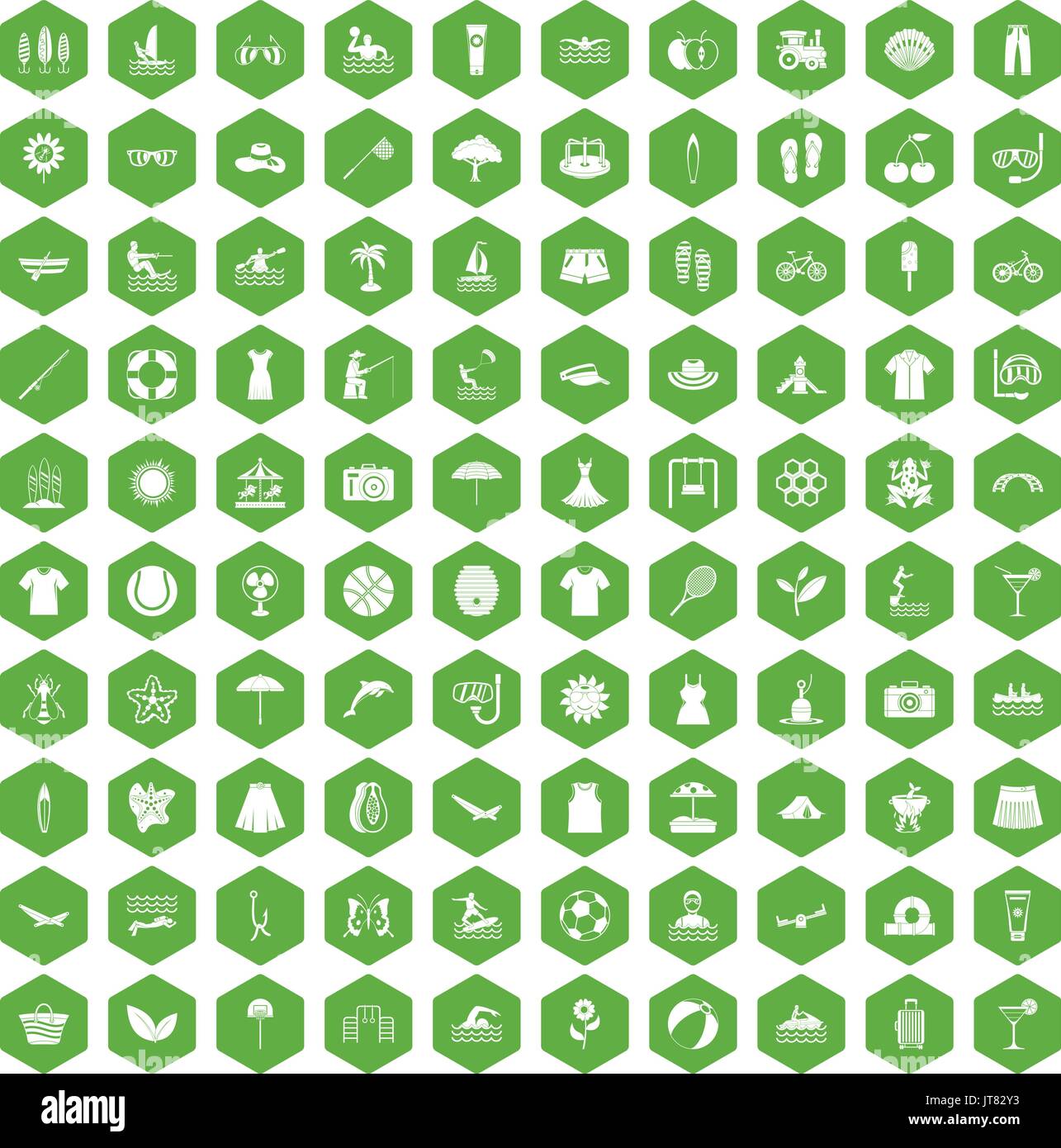 100 summer icons hexagon green Stock Vector