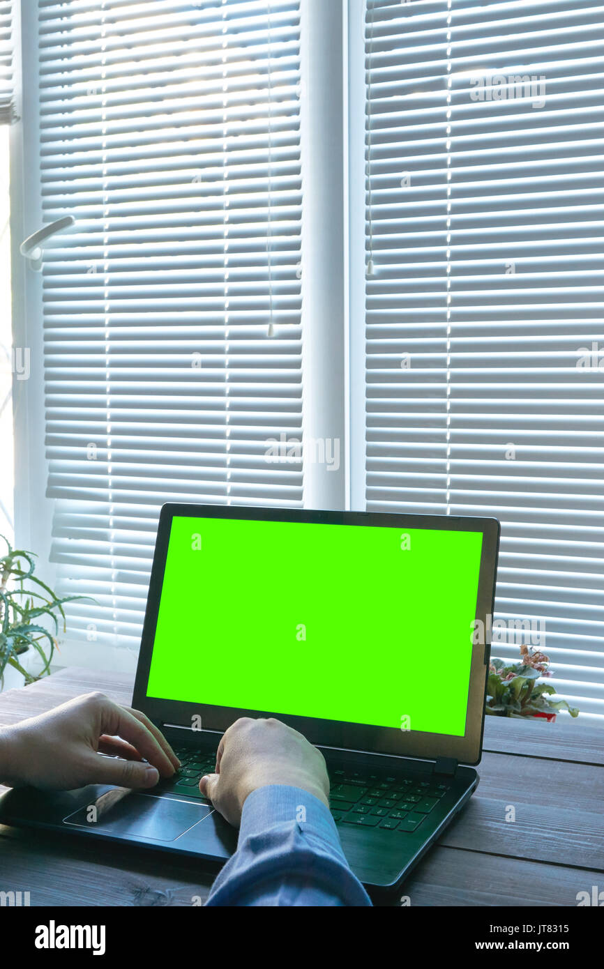 man working from home. mans hands in blue shirt typing on a laptop with green screen. copy space isolated cutout for your presentation. closed blinds  Stock Photo