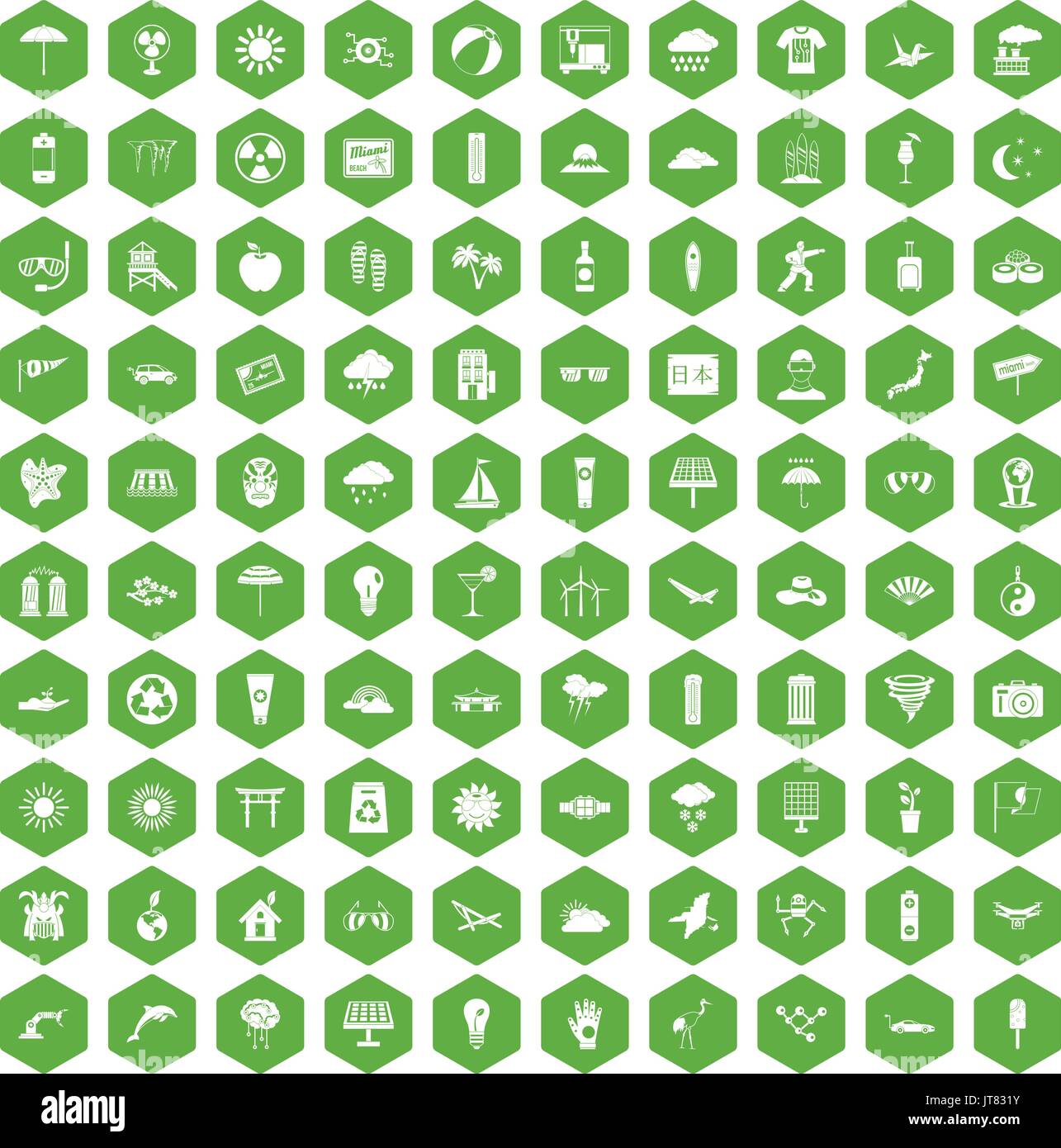 100 sun icons hexagon green Stock Vector