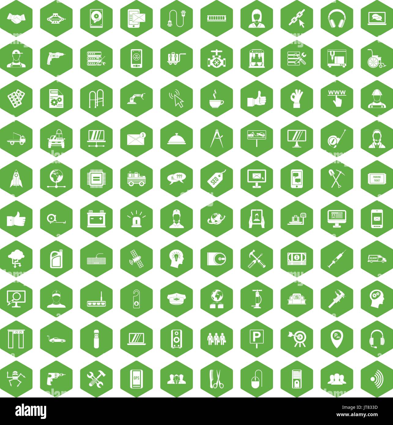 100 support icons hexagon green Stock Vector