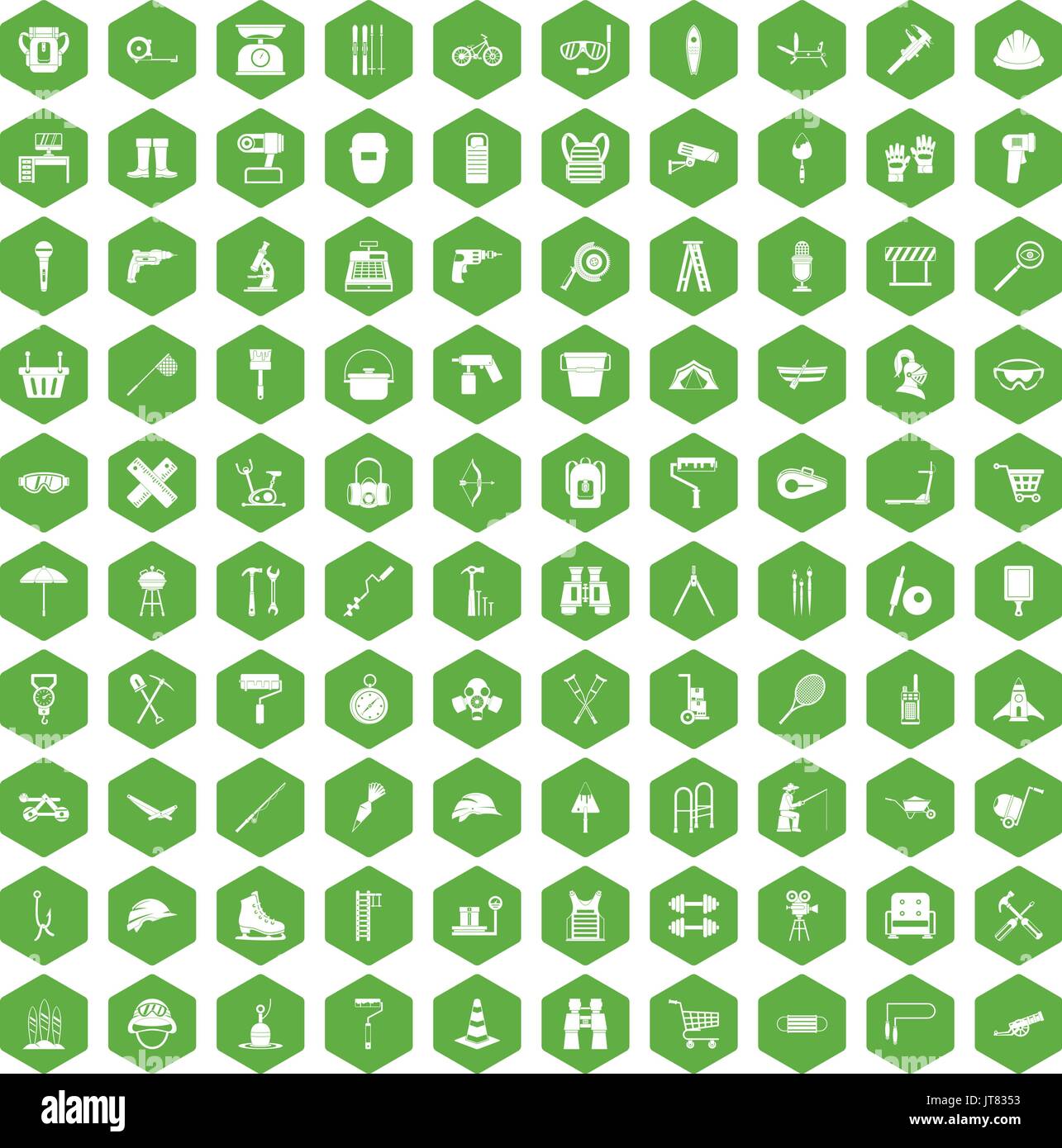 100 tackle icons hexagon green Stock Vector