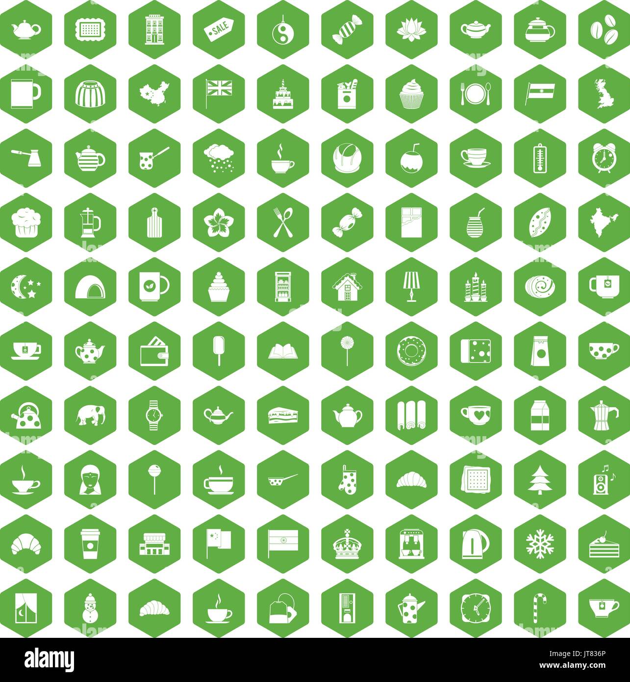 100 tea cup icons hexagon green Stock Vector