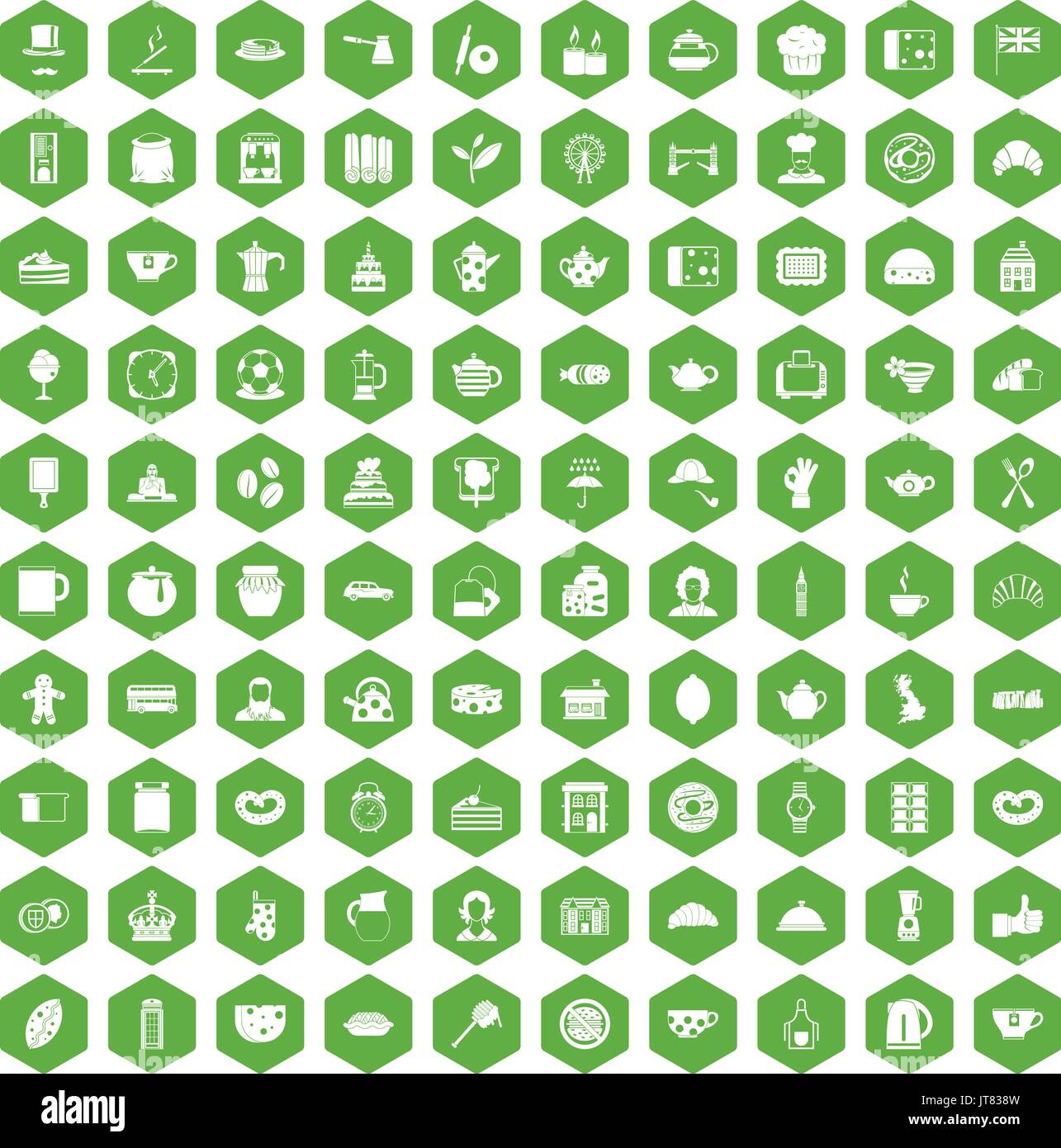 100 tea time food icons hexagon green Stock Vector
