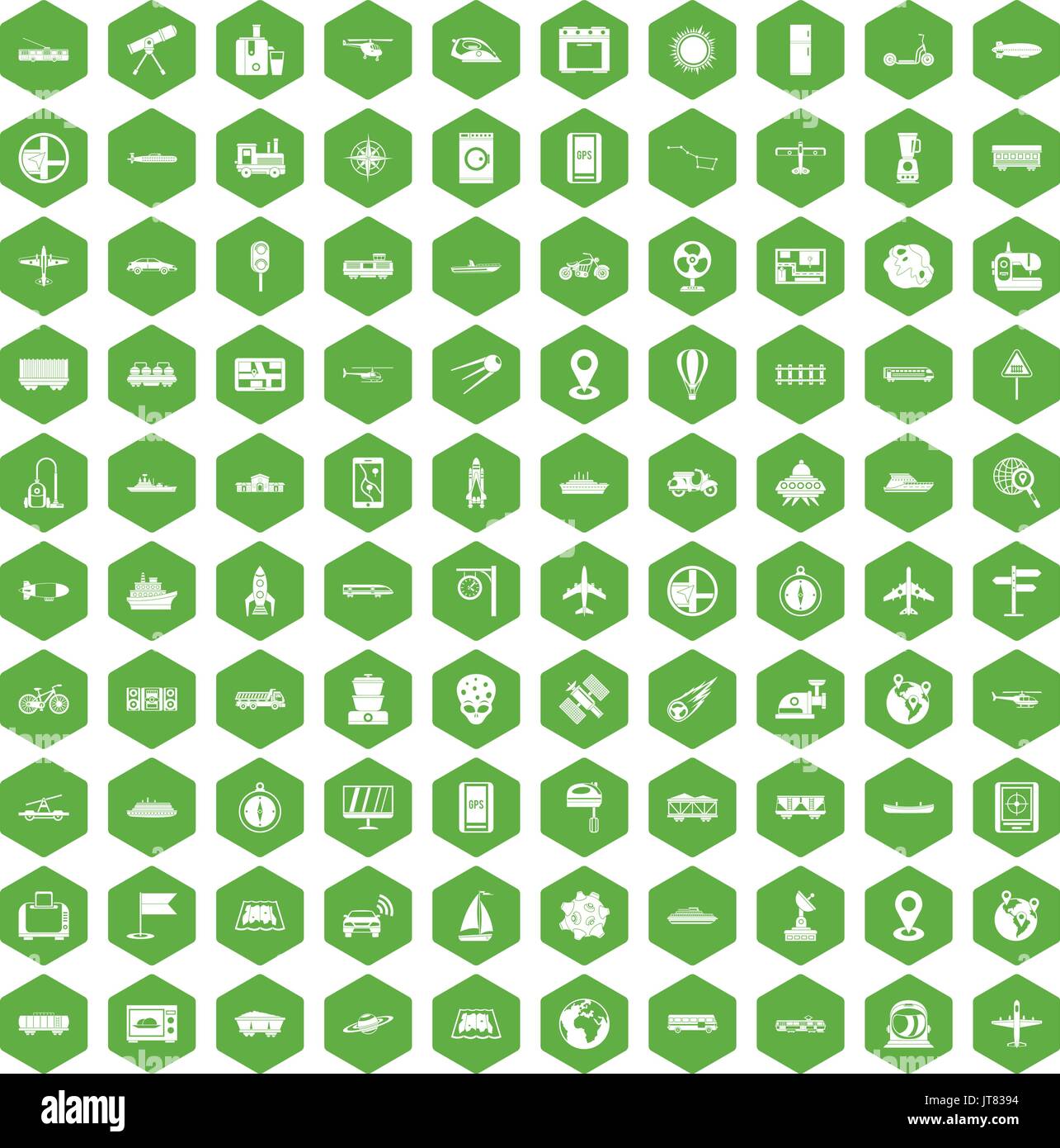 100 technology icons hexagon green Stock Vector