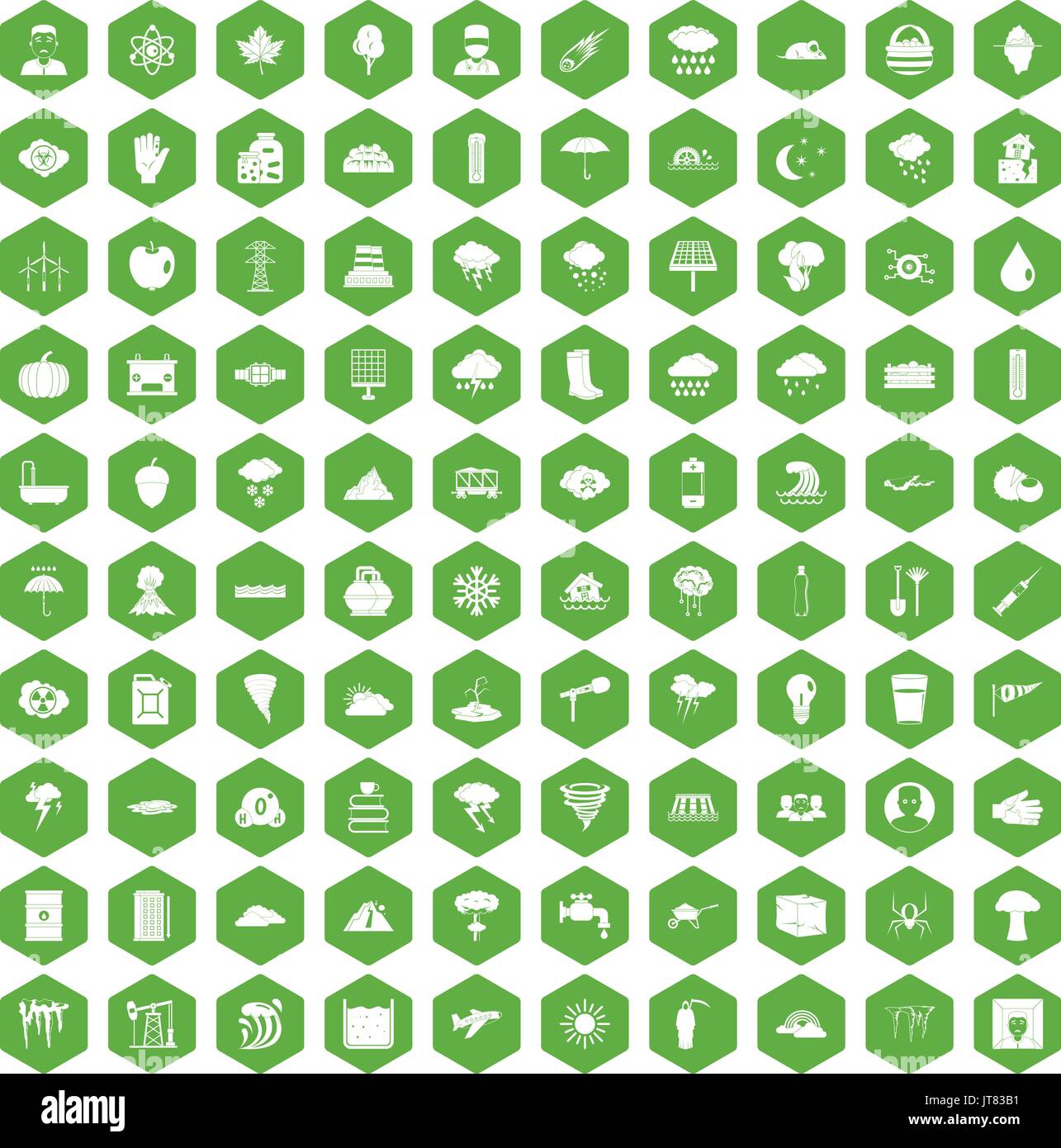 100 thunderstorm icons hexagon green Stock Vector