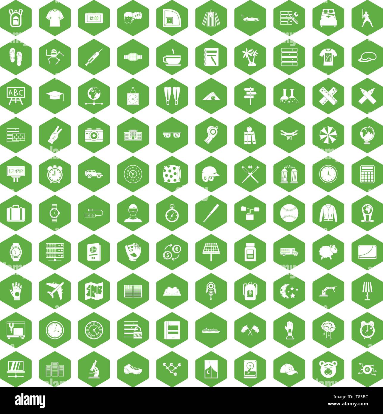 100 time icons hexagon green Stock Vector