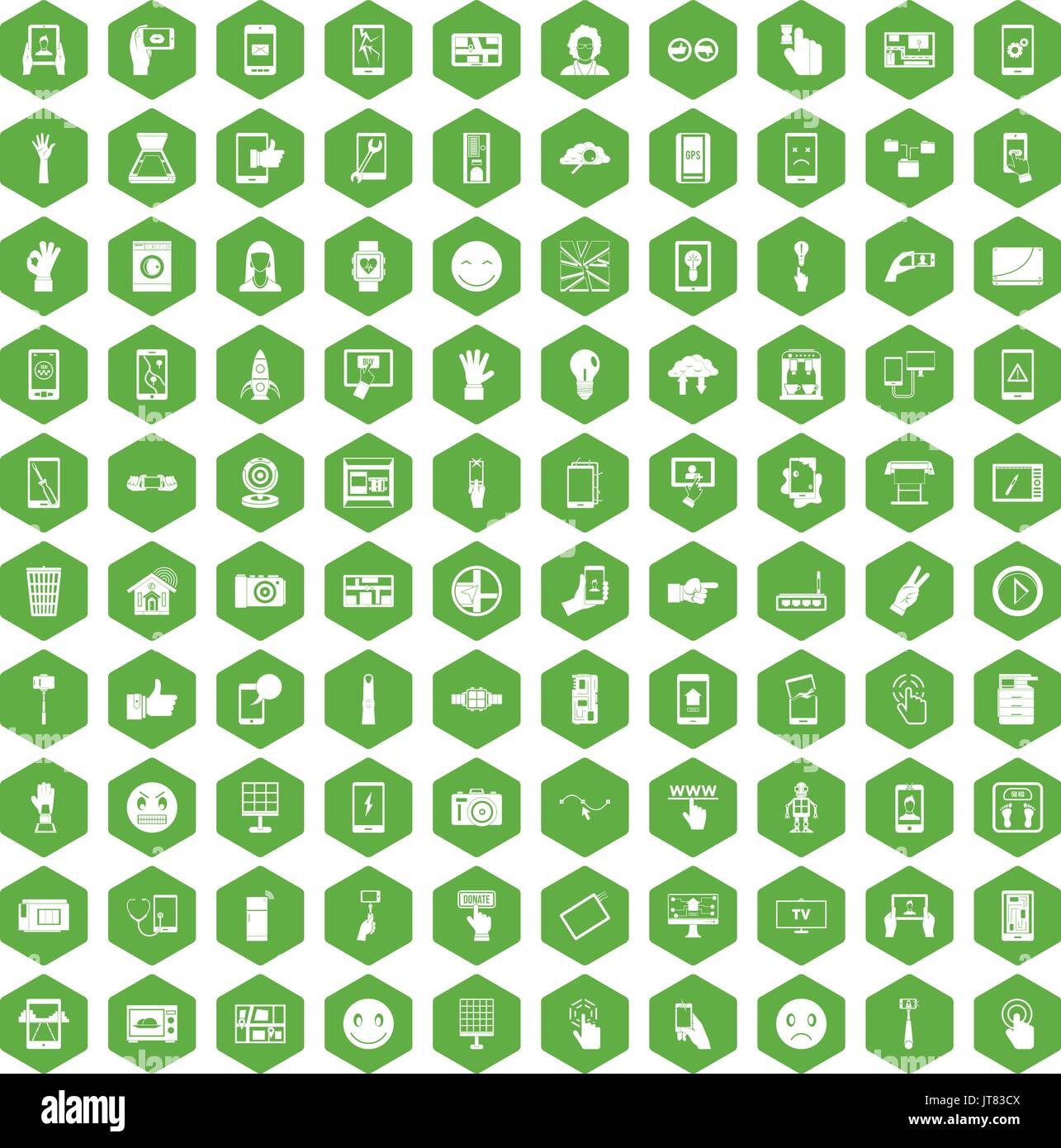 100 touch screen icons hexagon green Stock Vector