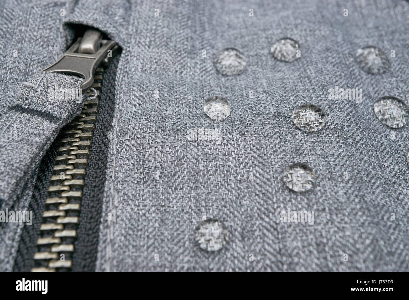 waterproof clothes with water drops. close up shot on grey coat with