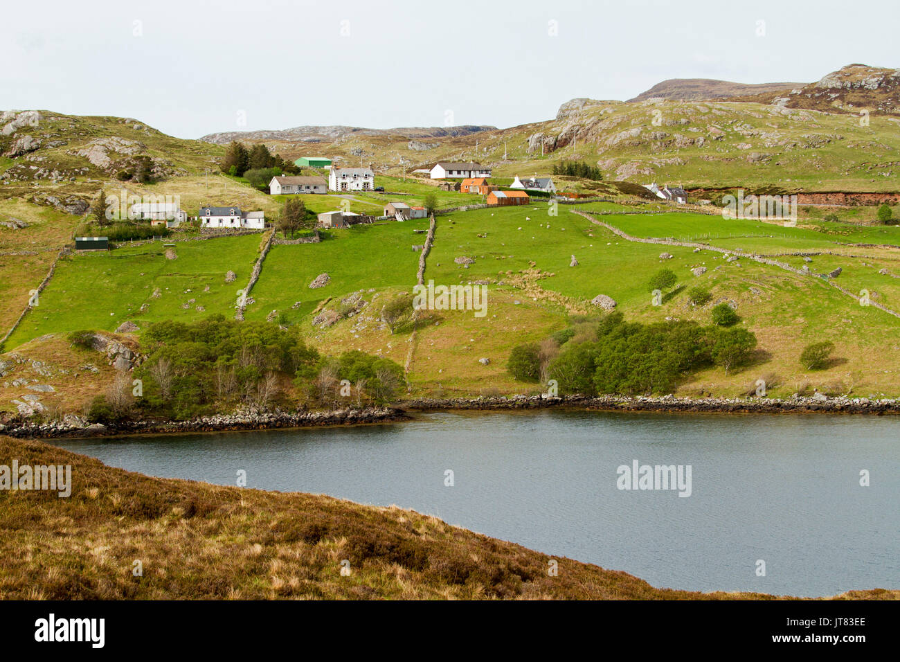 Crofters cottages and farmlands with green fields at base of rocky hills and beside Loch Inchard in Scottish highlands near Kinlochbervie, Scotland Stock Photo