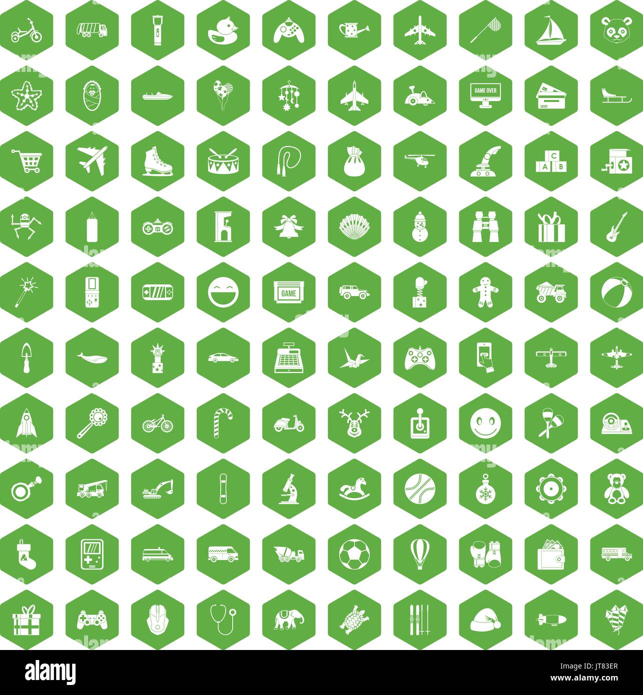 100 toys for kids icons hexagon green Stock Vector