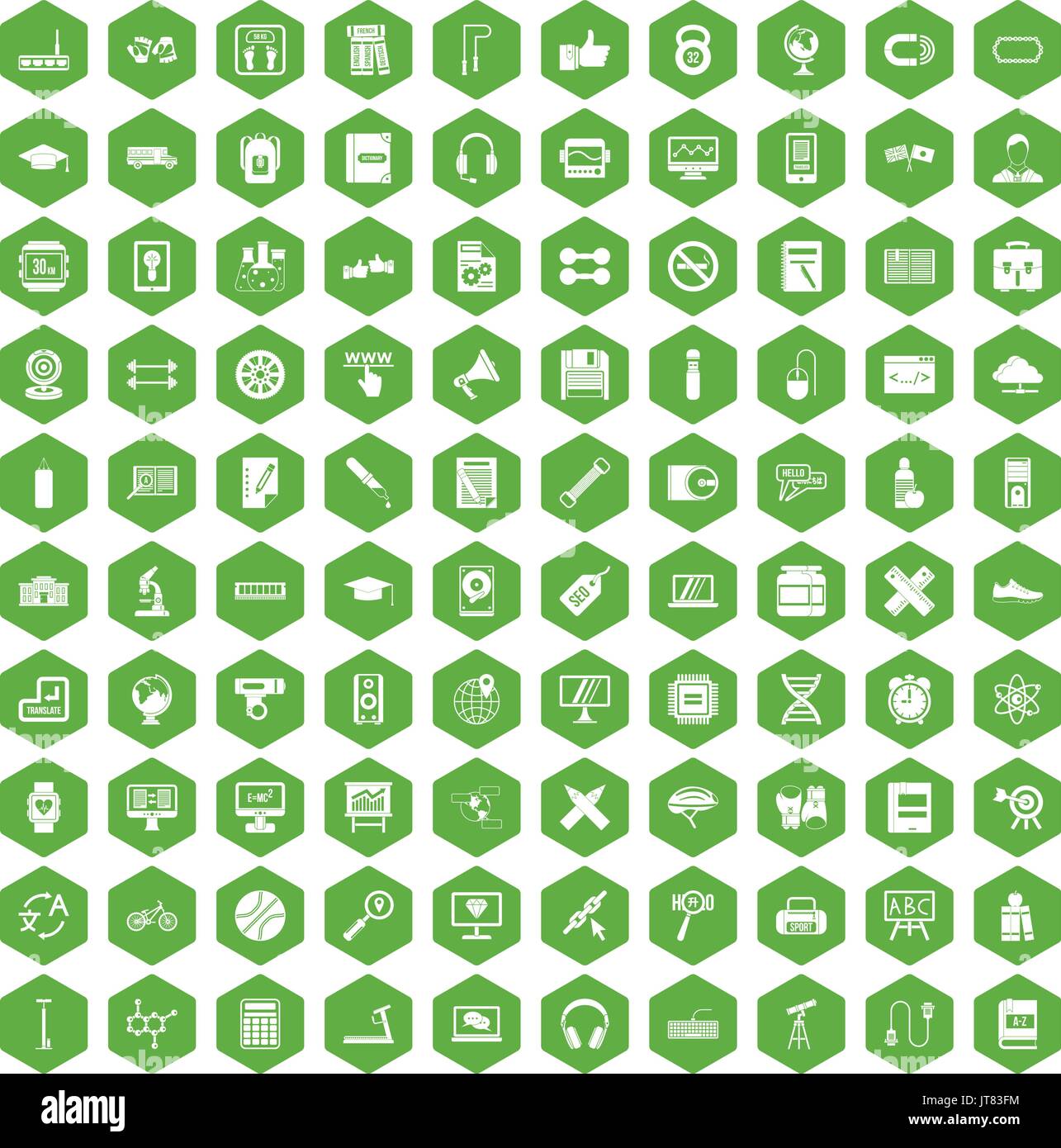 100 training icons hexagon green Stock Vector