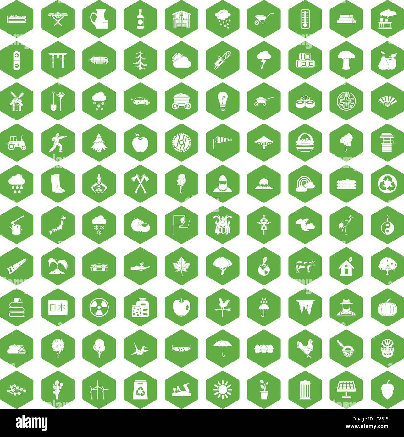 100 tree icons hexagon green Stock Vector