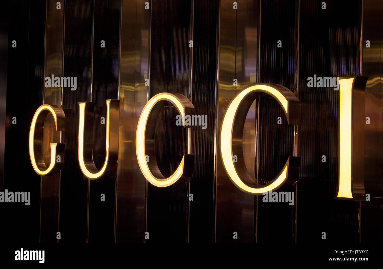 Night view of signage of famous Italian, luxury, high-end brand's store in Frankfurt. Stock Photo