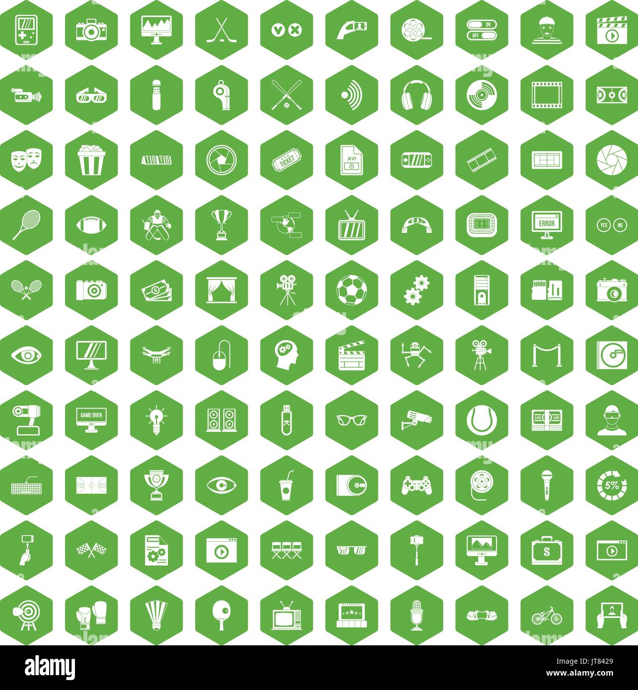 100 video icons hexagon green Stock Vector