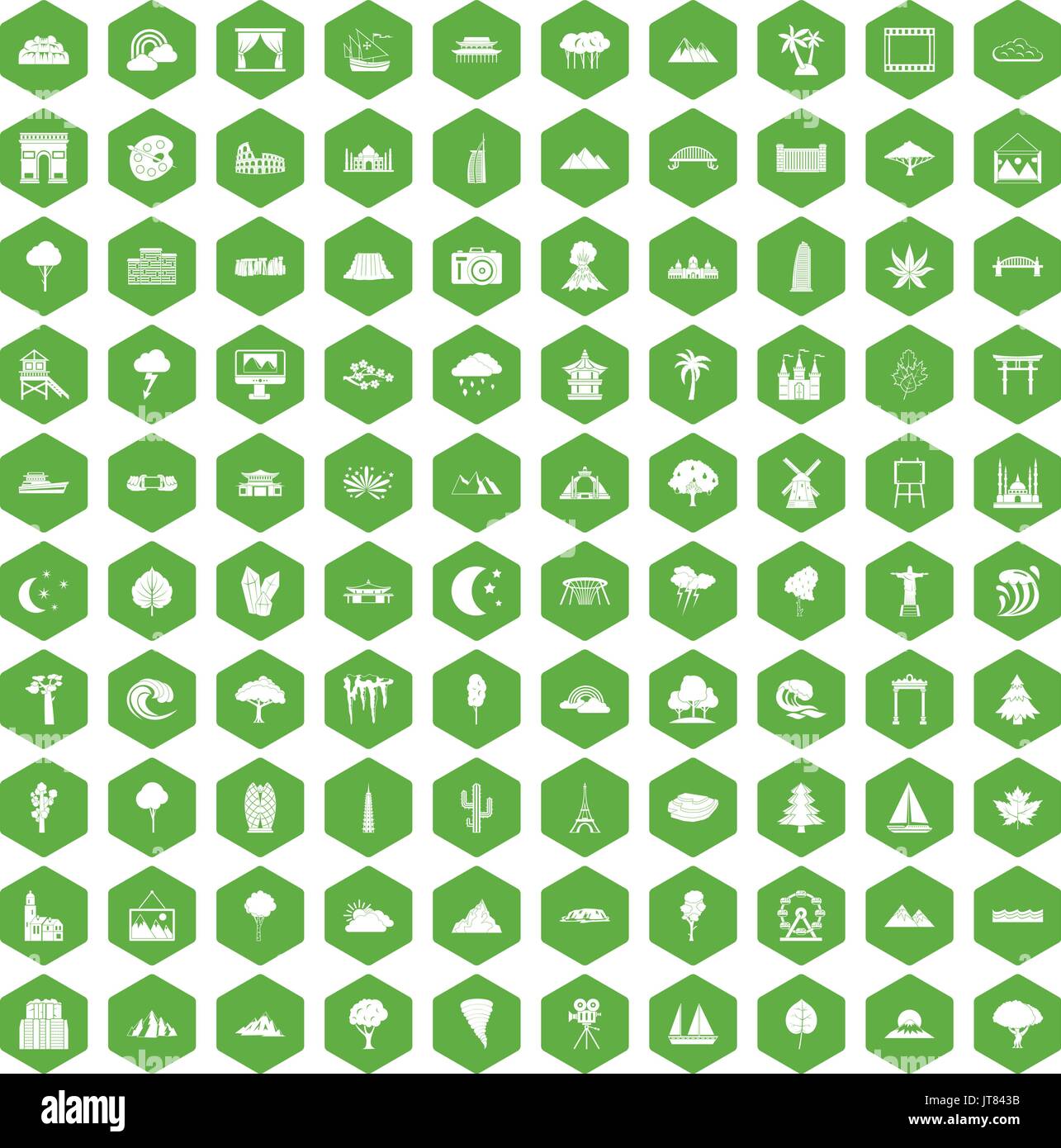 100 view icons hexagon green Stock Vector