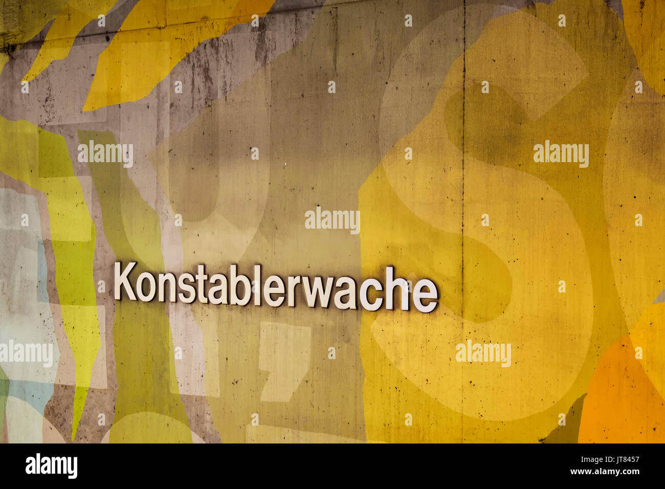 View of a signage of one of the biggest subway and train stations on graphic art applied wall in Frankfurt. Stock Photo