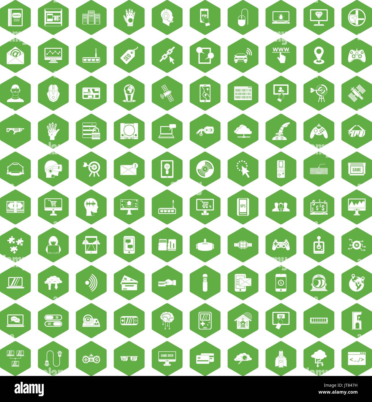 100 virtual icons hexagon green Stock Vector
