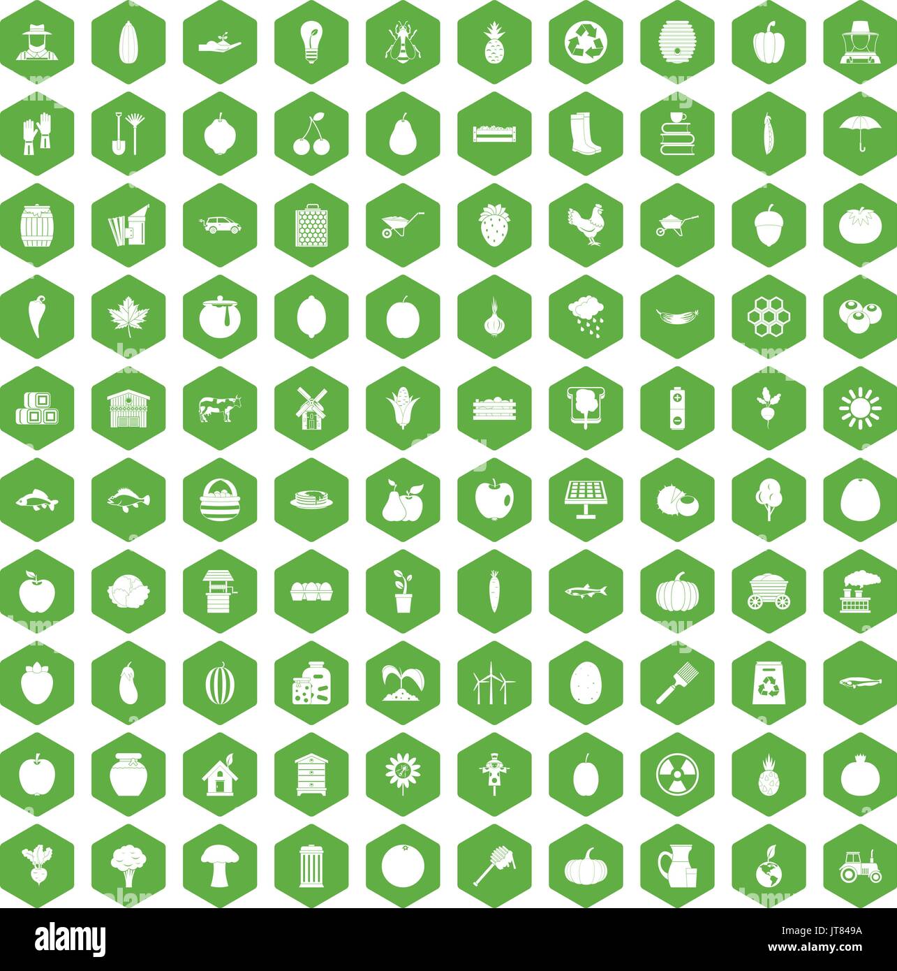 100 vitamins icons hexagon green Stock Vector