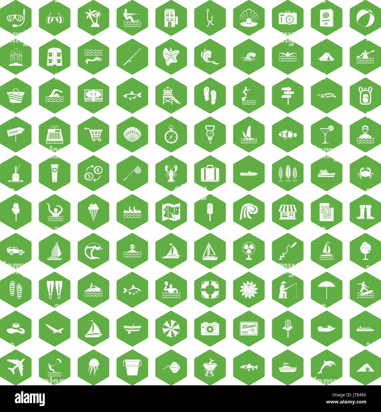 100 water recreation icons hexagon green Stock Vector