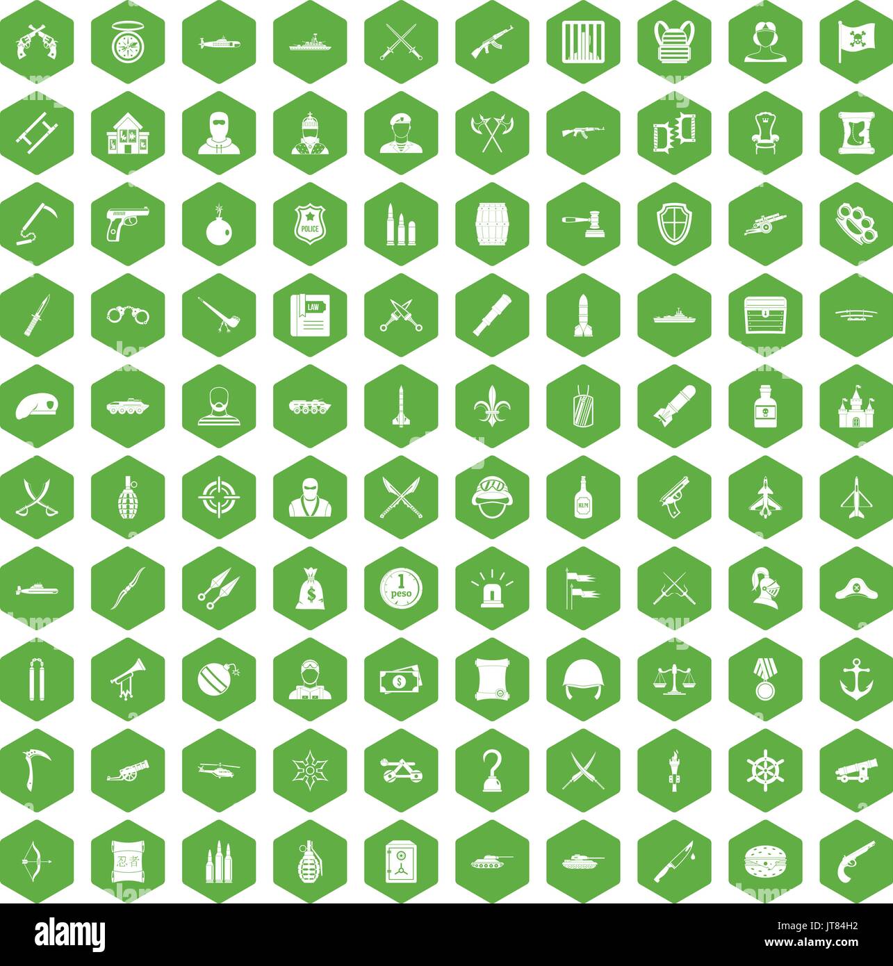 100 weapons icons hexagon green Stock Vector