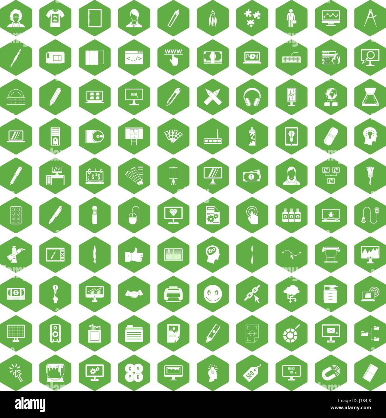 100 webdesign icons hexagon green Stock Vector